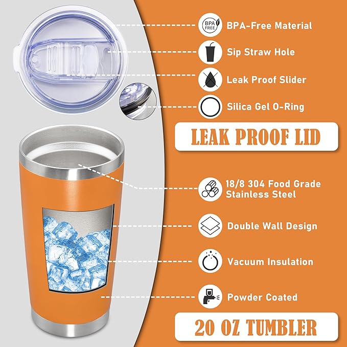 20 oz Tumbler Coffee Travel Tumblers Bulk with Lid Stainless Steel Double Wall Vacuum Insulated Mug Powder Coated Cups fit Car Cupholder for Hot and Cold - Orange, 8Pack