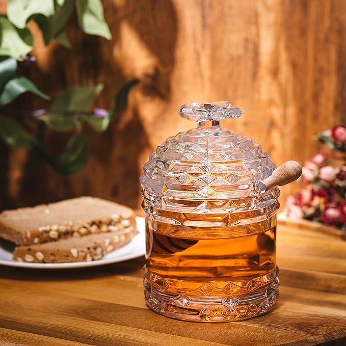 Crystal Bee Honey Dish Jar with Dipper and Lid – Elegant Glass Beehive Honey Pot for Rosh Hashanah, Holidays, Kitchen Table, Jam, Jelly, Syrup, 14oz Honey Server Gift, Gorgeous Bee Decor Gifts