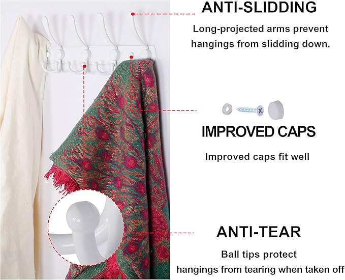 Dseap Wall Mounted Coat Rack - 5 Tri Hooks, Heavy Duty, Stainless Steel, Metal Coat Hook Rail for Coat Hat Towel Purse Robes Mudroom Bathroom Entryway,White