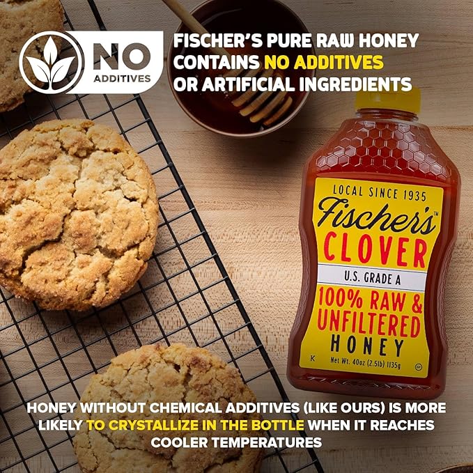 Fischer's 100% Pure Clover Honey, 40 oz – Unfiltered Raw Honey in a Squeeze Bottle – All-Natural Sweetener – Rich Flavor Profile, Packed with Nutrients