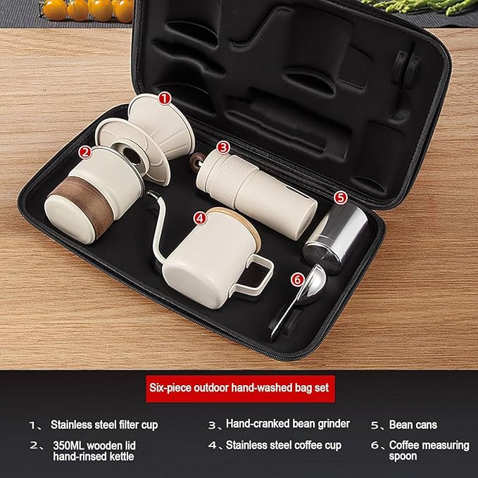 Portable Hand Coffee Maker Set for Camping Travel, Stainless Steel Manual Coffee Kit with Hand Grinder, 350ml Pour Over Kettle, Filter Cup, Cup and Scoop，Suitable for family travel and camping (black)