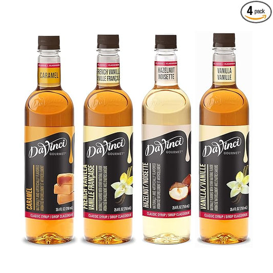 DaVinci Gourmet Syrup, Classic Coffeehouse Variety Pack - Caramel, French Vanilla, Hazelnut, Vanilla, 25.4 Fl Oz (Pack of 4)