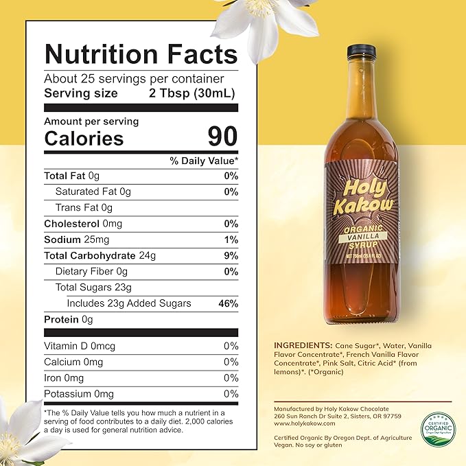 Holy Kakow Cafe Organic Vanilla Syrup - Vanilla Syrup, Coffee Syrup, Organic Syrup for Coffee, Vanilla Syrup for Coffee, Add to Latte, Cocktail & Shake, Real Food Ingredients, Specific Flavor - 750ml