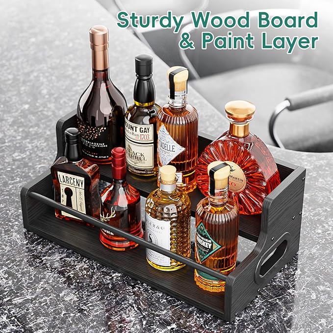 KLM Liquor Bottle Display Shelf, Coffee Syrup Rack Organizer, 2 Step Countertop Liquor Wine Rack, Mini bar,Liquor Cabinet, Home Retro Bar Shelf Stand for Liquor Whiskey, Spirits, (Black)