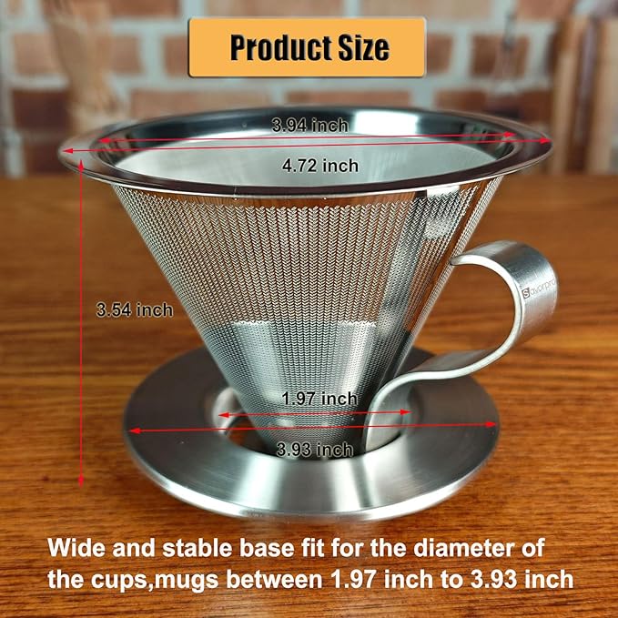 Pour Over Coffee Dripper,Double Mesh Stainless Steel Filter,Paperless Strainer Reusable Cone Coffee Filter With Handle, Maker 1-4 Cups