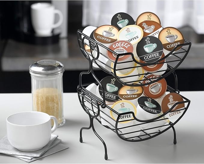 Nifty Single-Serve Wire Coffee Basket – Stacked Two-Tier Coffee Pod Storage Holder, Compatible with K-Cups, Home or Office Kitchen Counter Organizer, Modern Black Design