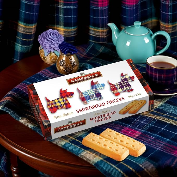 Campbells Shortbread Fingers Tartan Dog Carton 5.3 Oz (150g) - Pure Butter Scottish Shortbread Cookies from Scotland, British Tea Biscuits & Snacks, Crumbly All-Butter Fingers, Cookie Gift Box