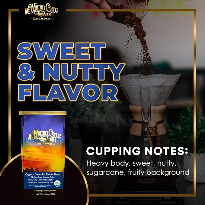 Mt. Whitney Colombia Monte Sierra Organic Single Origin, Medium Dark Roast, Smooth Full Flavored, Low Acid Coffee (Ground, 12 Oz)