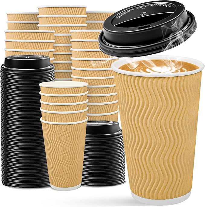 Ginkgo 100 Pack Disposable Coffee Cups with Lids 16 oz, Insulated Ripple Wall To Go Paper Cups for Party Home and Travel - Beige