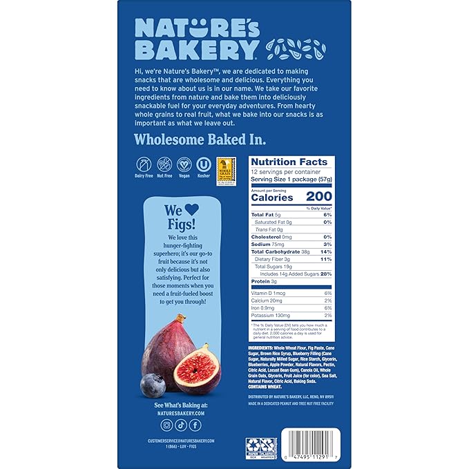 Nature’s Bakery Whole Wheat Fig Bars, Blueberry, Real Fruit, Vegan, Non-GMO, Snack bar, 7 boxes with 12 twin packs (84 twin packs)