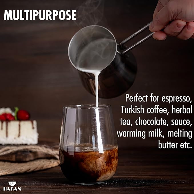 Hakan Topkapı Stainless Steel Turkish Coffee Pot, Greek Arabic Coffee Maker with Spout, Stove Top Coffee Maker in Box, Milk Warmer with Handle, Chai Pot Cezve, Ibrik, Briki (Large - 20.2 oz)