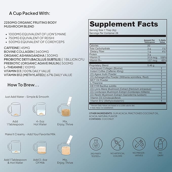 Atlas+ Coffee Superblend– Instant Mushroom Coffee with Lion’s Mane, Reishi, Cordyceps, Ashwagandha, Probiotics, Vitamin D3 & B12– for Energy, Focus, Immunity & Gut Health– 56 Servings (2 Bags)