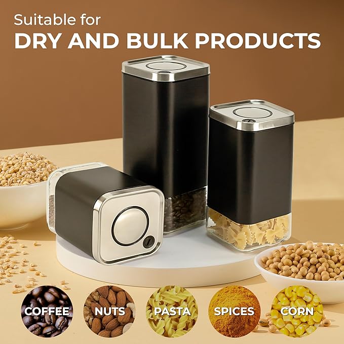 Kaffe Glass Coffee Canister (8oz) w/Airtight Lid - Click to Release Seal - BPA Free Glass & Stainless Steel - Elegant Kitchen Storage Container for Coffee, Nuts, Rice, Flour, Sugar, Tea, Cereal