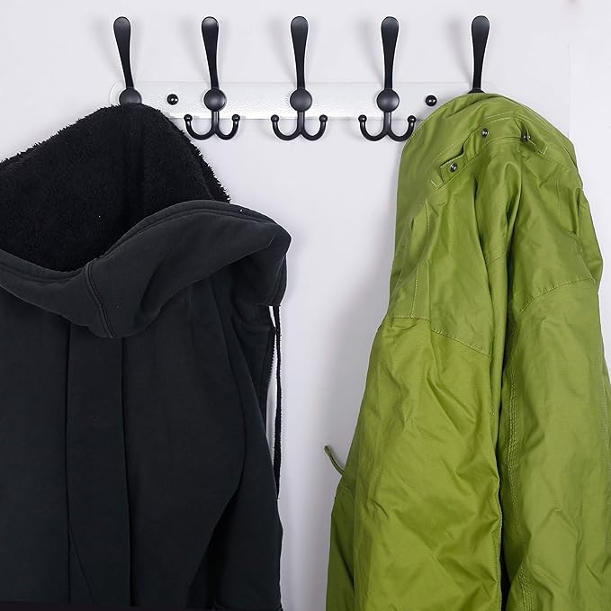 Dseap Wall Mounted Coat Rack - 5 Tri Hooks, Heavy Duty, Stainless Steel, Metal Coat Hook Rail for Coat Hat Towel Purse Robes Mudroom Bathroom Entryway,White & Black