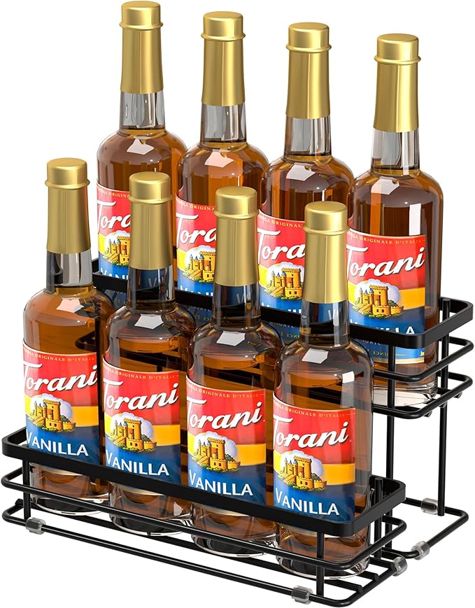 Coffee Syrup Rack Organizer, Syrup Bottle Holder Stand for Coffee Bar, 2-Tier 8 Bottles Storage Shelves for Syrup, Wine, Dressing for Kitchen Countertop (8 Bottles Black)