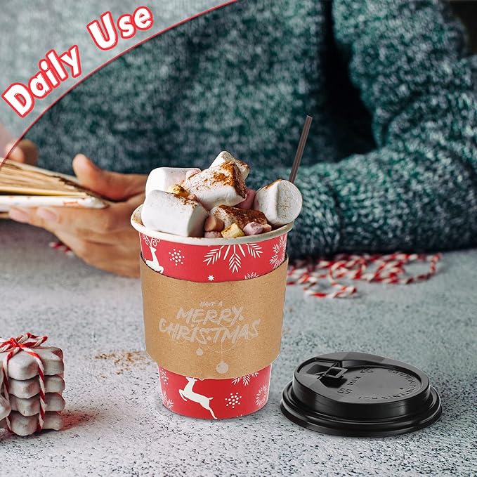 Remerry 100 Sets 400 Pcs 12 oz Christmas Disposable Coffee Cups with Lid, Straws and Sleeves Snowflake Reindeer Snowman Paper Cups Xmas Party Supplies for Hot Drink Cold Beverage(Classic Style)