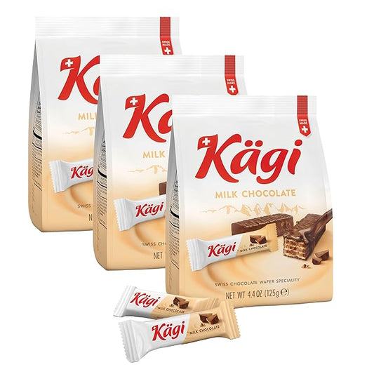 Swiss Milk Chocolate Covered Mini Wafers by Kägi, Crispy Coated Sweet Snacks, Premium Individually Wrapped Treats, Chocolate, Classic Kägi, 3 Pack of 125g Bags