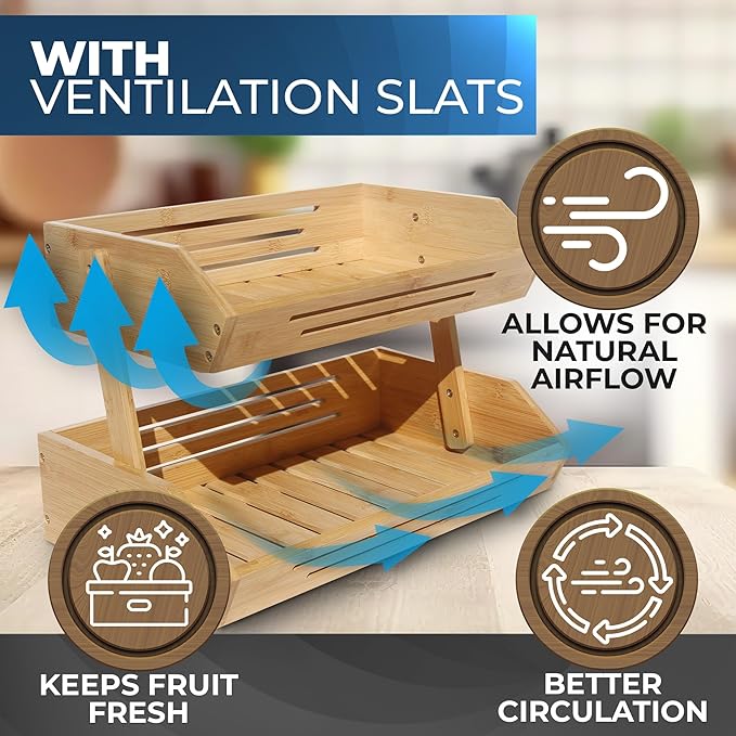2 Tier Bamboo Fruit Basket for Kitchen Counter with Banana Hanger Hooks, Wooden Fruit Holder for Kitchen Countertop, Vegetable Storage Stand for Fruit Shop