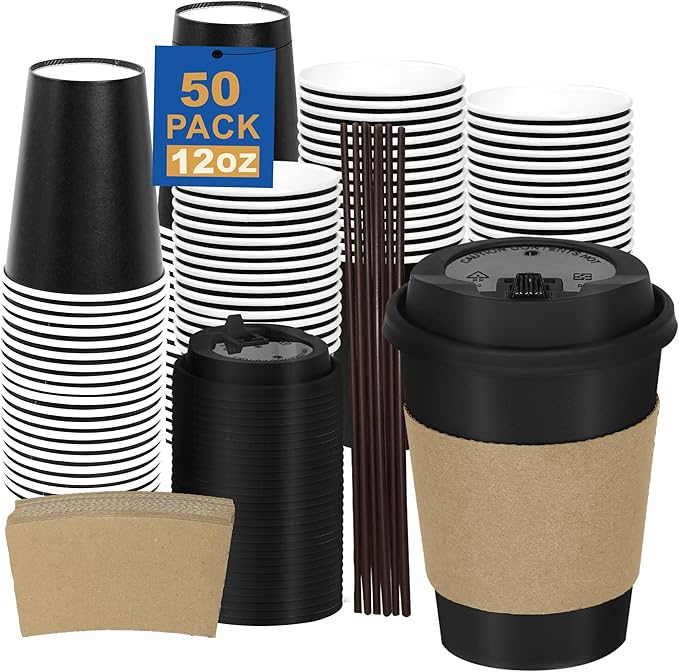 20 oz 50 Pack Coffee Cups with Lids and Sleeves, Straws, Hot Disposable To Go Travel Paper Cups Bulk for Office, Home Coffee Bar Accessories, Chocolate, Cocoa, Beverage (Black)
