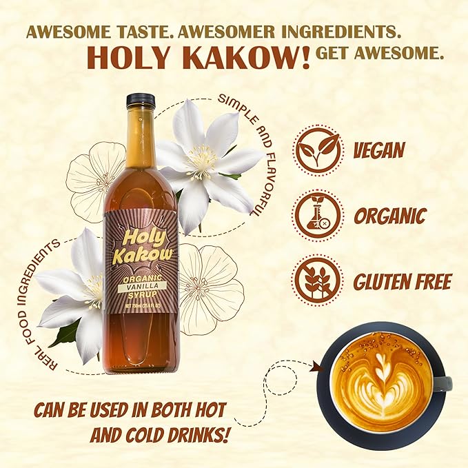 Holy Kakow Cafe Organic Vanilla Syrup - Vanilla Syrup, Coffee Syrup, Organic Syrup for Coffee, Vanilla Syrup for Coffee, Add to Latte, Cocktail & Shake, Real Food Ingredients, Specific Flavor - 750ml