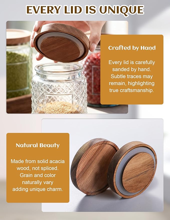 Glass Jar with Wood Lid and Label - 34 OZ Large Kitchen and Pantry Storage Container for Countertop, Airtight Decorative Vintage Canister for Candy, Cookie, Treat, Sugar, Coffee, Tea