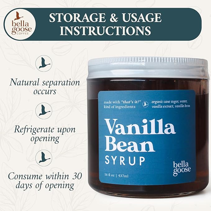 Bella Goose Vanilla Bean Coffee Syrup Jar (16oz) - Homemade Pure Cane Sugar Syrup for Lattes, Mocha, Desserts, & Ice Cream - Clean Ingredient - No Artificial Flavors, Oils, Dyes, or Preservatives Syrups for Coffee Drinks
