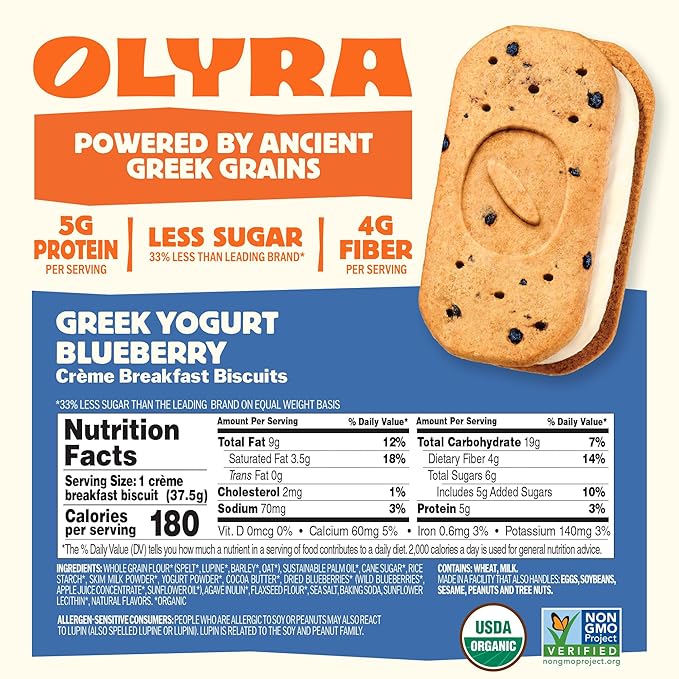 Olyra Greek Yogurt Blueberry Sandwich Breakfast Biscuits, Healthy Snacks for Adults and Kids, Low Sugar, High Fiber, Organic Cookies, USDA Certified Organic, Non GMO, 24 Packs