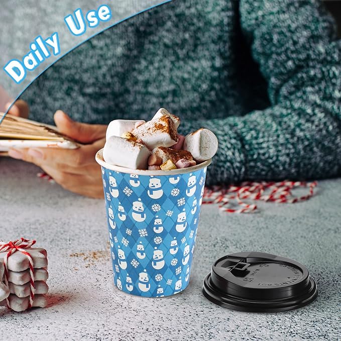 Remerry 100 Sets 400 Pcs 12 oz Christmas Disposable Coffee Cups with Lid, Straws and Sleeves Snowflake Reindeer Snowman Paper Cups Xmas Party Supplies for Hot Drink Cold Beverage(Snowflake Style)