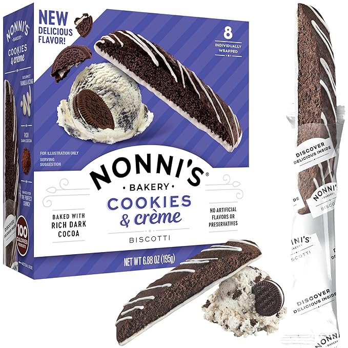 Nonni's Cookies & Crème Biscotti, Rich Dark Cocoa Cookie with Vanilla Icing, 8 Individually Wrapped Bakery Snacks, 6.88 oz