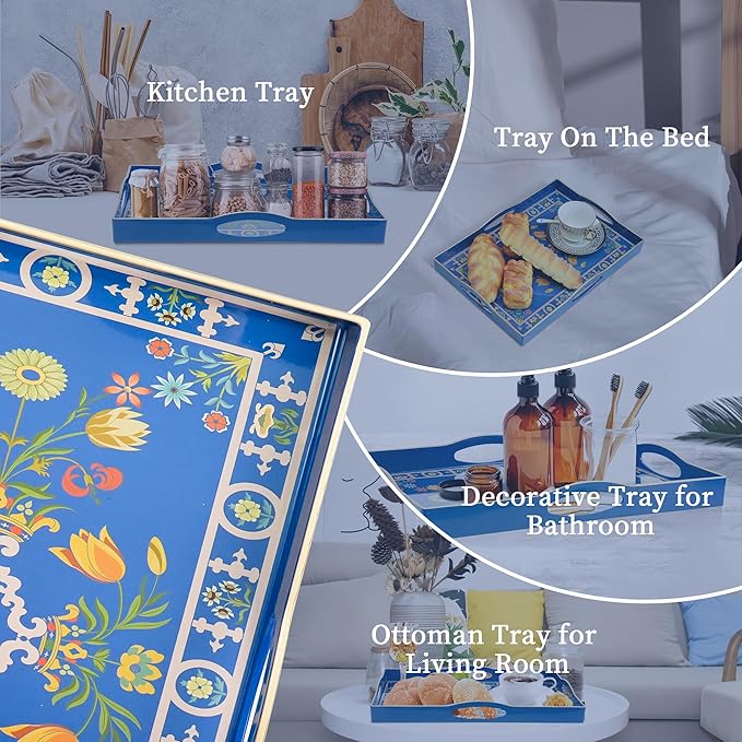 Gifturbo Blue Decorative Tray with Four Handles, Versatile Serving Tray for Coffee Table, Ottoman, Ideal for Serving, Displaying, Organizing,Home Decor