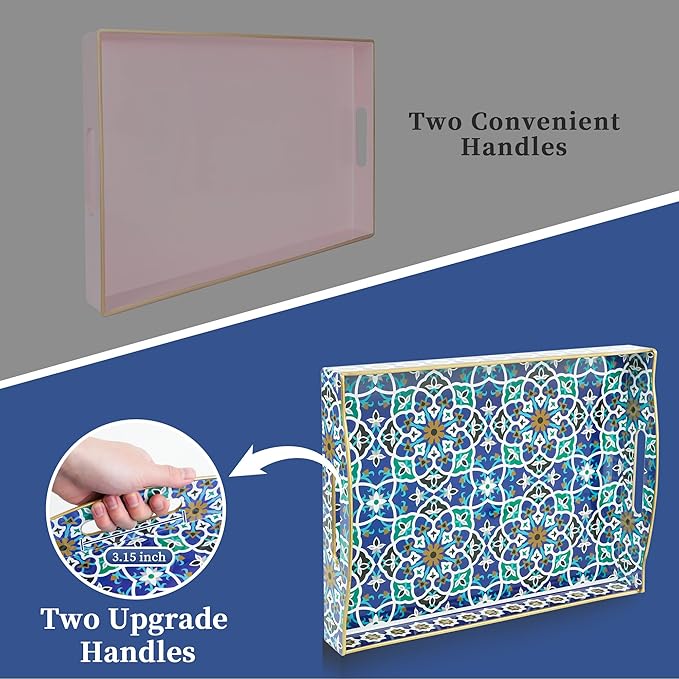 Gifturbo Serving Tray with Two Handles,Decorative Tray for Coffee Table, Plastic Rectangular Durable Serving Trays for Living Room, Bathroom, Outdoors, Blue