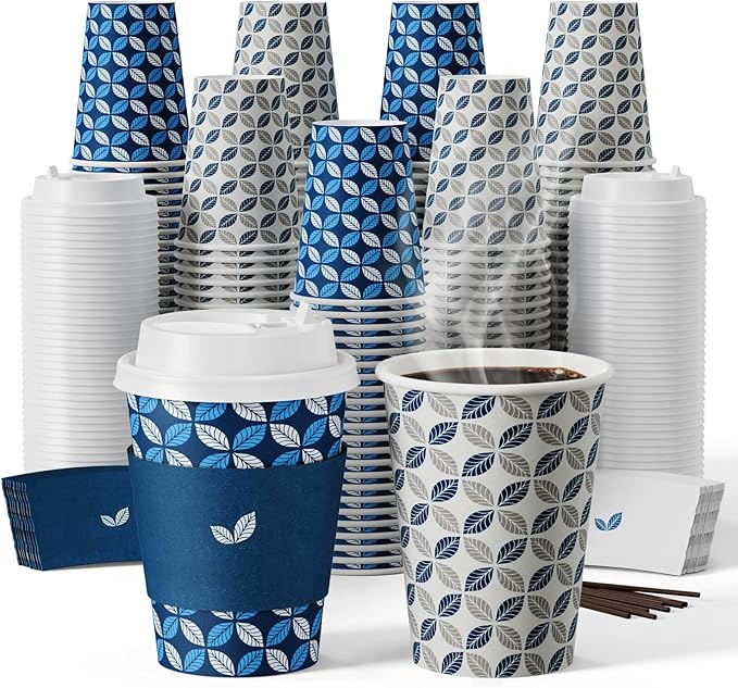 JOLLY CHEF 12oz Paper Coffee Cups 100 Pack, Disposable To Go Coffee Cups with Lids, Sleeves and Stirrers for Christmas