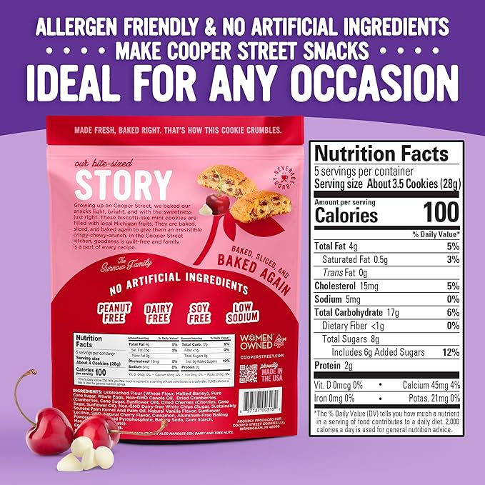 COOPER STREET Twice Baked Cherry White Chip Biscotti Cookies - Crispy Mini Biscotti Cookies Ideal with Coffee - Traditional Low Calorie Italian Snacks - Kosher, Dairy, Peanut & Soy Free (6 Pack)