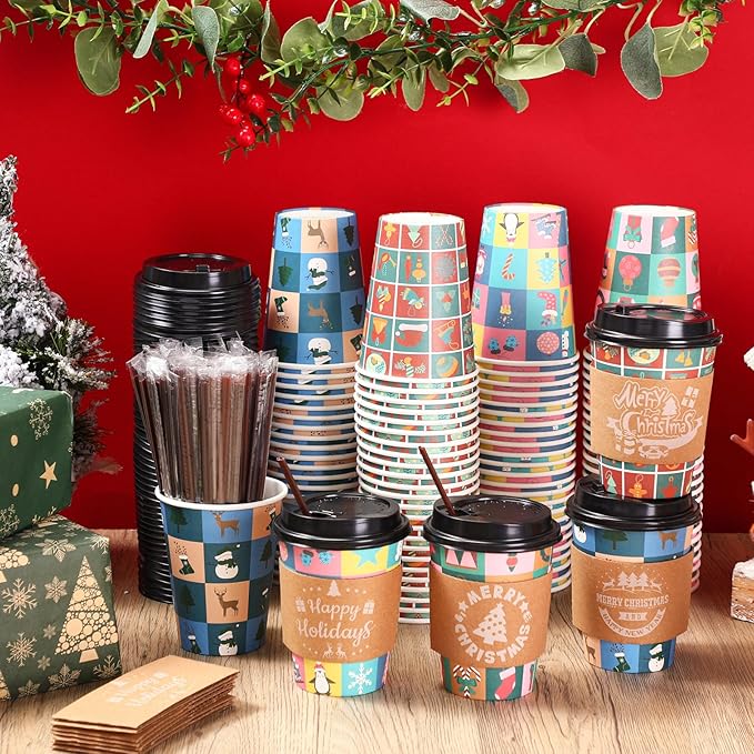 Remerry 100 Sets 400 Pcs 12 oz Christmas Disposable Coffee Cups with Lid, Straws and Sleeves Snowflake Reindeer Snowman Paper Cups Xmas Party Supplies for Hot Drink Cold Beverage(Christmas Style)