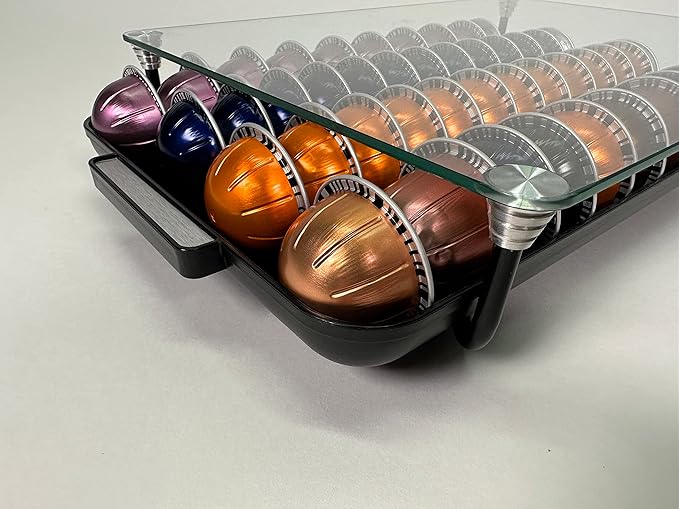 Nifty Solutions Glass Top Vertuoline Pod Capsule Drawer - Compatible with Nespresso Vetuo Pods, 40 Large or 52 Small Pod Capsule Holder