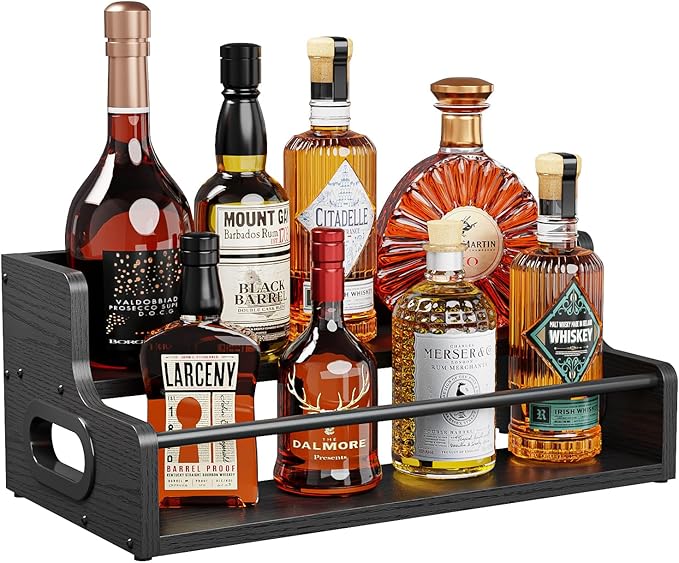 KLM Liquor Bottle Display Shelf, Coffee Syrup Rack Organizer, 2 Step Countertop Liquor Wine Rack, Mini bar,Liquor Cabinet, Home Retro Bar Shelf Stand for Liquor Whiskey, Spirits, (Black)