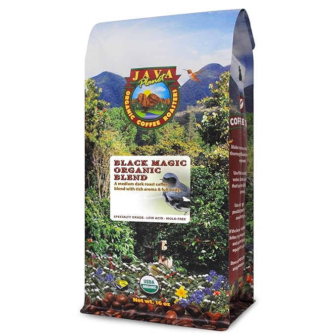 Low Acid Organic Coffee – Whole Bean, Mold-Free & Stomach Friendly by Java Planet, Black Magic Blend Coffee, Medium Dark Roast, Smooth Full Flavored, 1LB Bag
