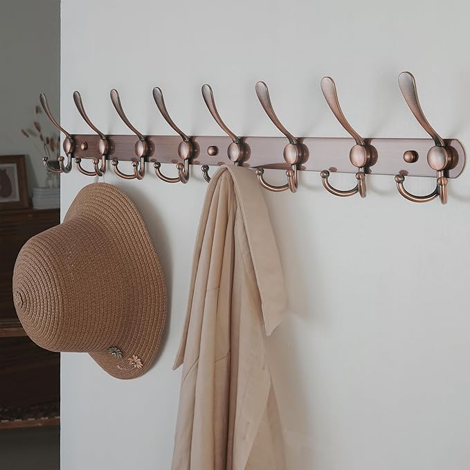 Dseap Coat Rack Wall Mount - 29.5” Long 8-Tri-Hooks Heavy Duty Coat Hanger Rail Wall Hooks for Hanging Coats Hats Clothing Clothes Purse Mudroom Entryway, Pack of 2