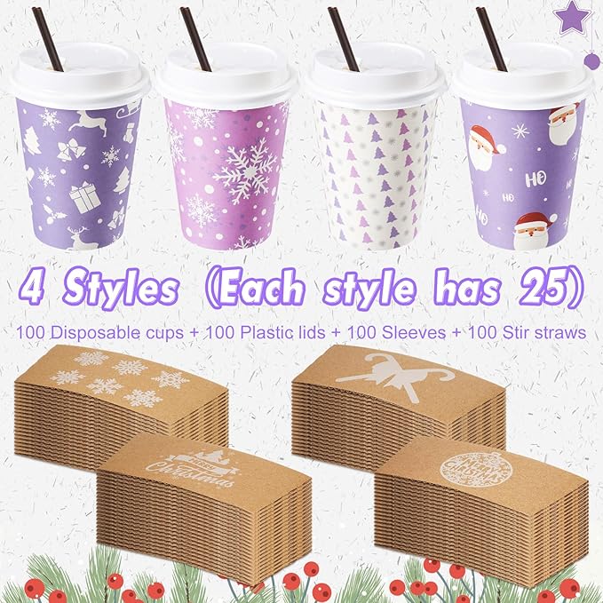 Remerry 100 Sets 400 Pcs 12 oz Christmas Disposable Coffee Cups with Lid, Straws and Sleeves Snowflake Reindeer Snowman Paper Cups Xmas Party Supplies for Hot Drink Cold Beverage (Purple Christmas)