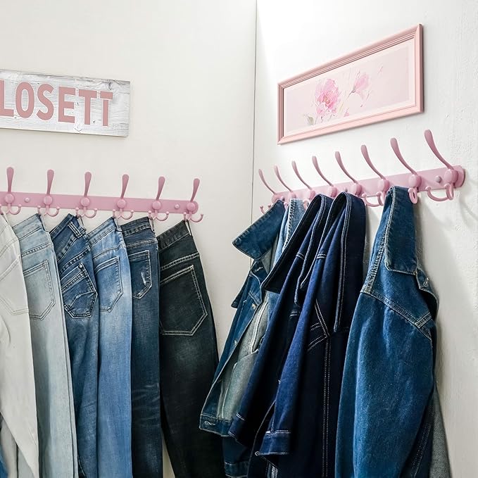 Dseap Coat Rack Wall Mount - 29.5” Long 8-Tri-Hooks Heavy Duty Coat Hanger Rail Wall Hooks for Hanging Coats Hats Clothing Clothes Purse Mudroom Entryway, Pink