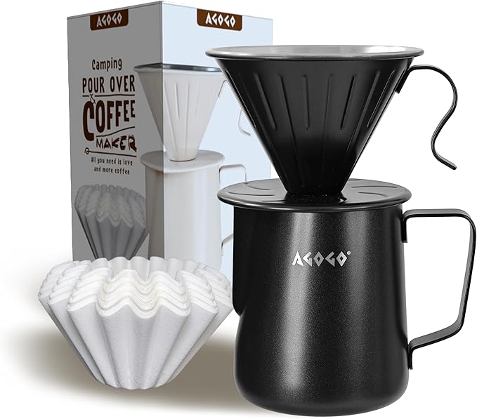 AGOGO Compact Portable Pour Over Coffee Maker Set - Easy Cleaning 304 Stainless Steel Dripper Set for Camping & 50 Filters Paper & Cleaning Rag (Black, 600ml)