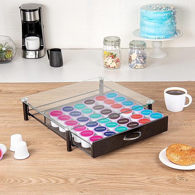 Restaurantware Restpresso 15.2 x 13.6 x 3.4 Inch Coffee Capsule Drawer, 1 Heavy-Duty Pod Drawer - Holds 36 K-Cups, Glass Top, Iron Espresso Pod Organizer, Mesh Tray, Pods Not Included