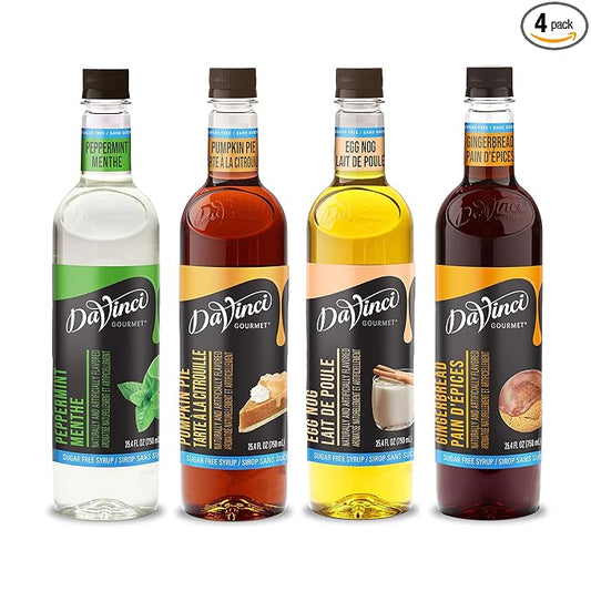 DaVinci Gourmet Sugar Free Syrup, Holiday Variety Pack - Peppermint, Pumpkin Pie, Egg Nog, Gingerbread, 25.4 Fl Oz (Pack of 4)
