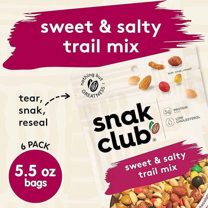Snak Club Sweet and Salty Trail Mix with Peanuts, Butter Toffee Peanuts, Chocolatey Candies, Toasted Corn, Honey Sesame Sticks, and Almonds, Kosher Snack, 5.5 oz Resealable Bags, 6 Pack