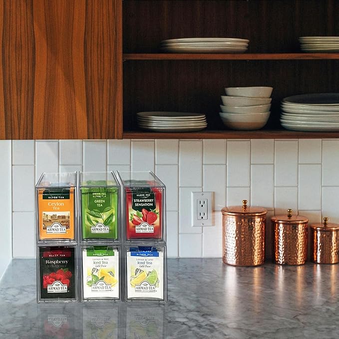 6-Pack Tea Bag Drawers Organizer - 6 Clear Plastic Drawer Tea Bag Holder; Stackable & Portable; Wider Size; Well-Organized Storage for Tea Bags Storage Chests；High Volume