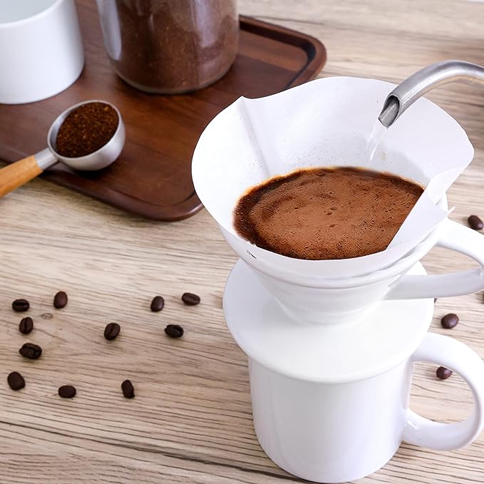 Pour Over Coffee Dripper - Ceramic Slow Brewing Accessories for Home, Cafe, Restaurants - Easy Manual Brew Maker Gift - Strong Flavor Brewer - V02 Paper Cone Filters - White, 2 Cup