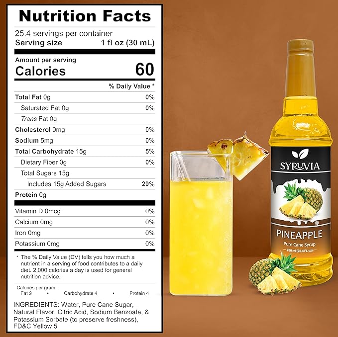 Syruvia Pineapple Syrup, Flavored Syrup for Drinks, Cocktails, Lemonades, Iced Teas, and Desserts – 25.4 fl oz