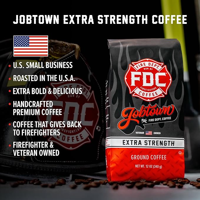 Fire Department Coffee - Gives Back to Firefighters - Jobtown Extra Strength Ground Coffee - Rich & Bold Dark Roast - Roasted in the USA - Veteran Owned - 12 oz