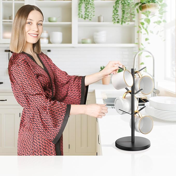 Coffee Mug Tree Holder Countertop, Non-Slip Walnut Wood Mug Rack with 6 Hooks, Coffee Cup Rack for Home Storage and Organizer (Black)