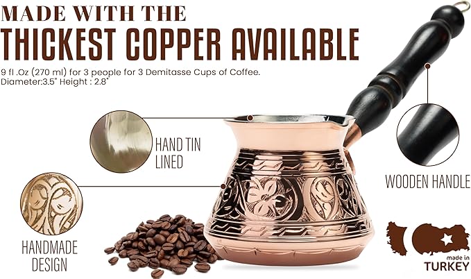 DEMMEX Thickest Copper Turkish Greek Arabic Coffee Pot, Stovetop Coffee Maker, Cezve Ibrik Briki with Wooden Handle & Spoon, Hand Engraved
